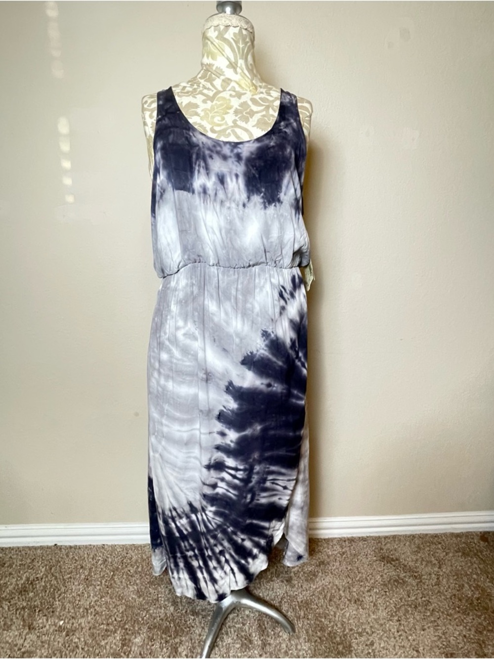 NWT - ONE WORLD Sleeveless Black & White Tie-Dye Maxi Dress - L